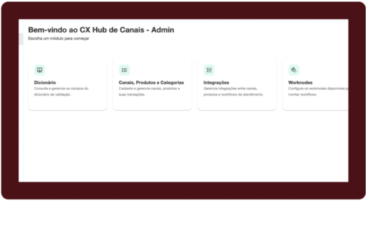 Visão inicial do CX Hub de Canais — Admin e seus módulos.