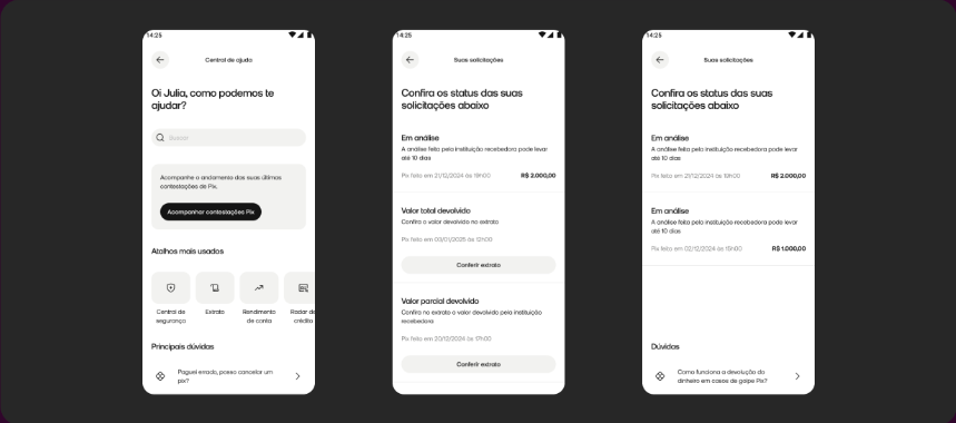 Sequência de telas: entrada pela Central de Ajuda e acompanhamento das solicitações.