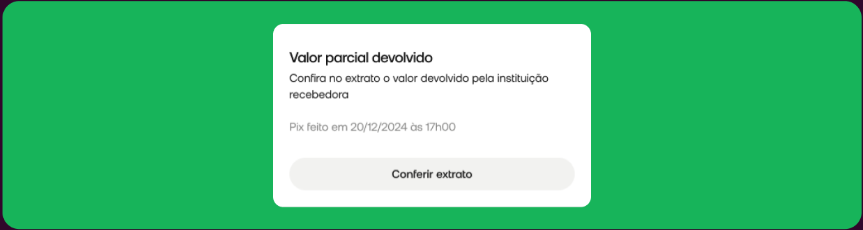 Exemplo de comunicação de devolução parcial, com caminho para conferir o extrato.